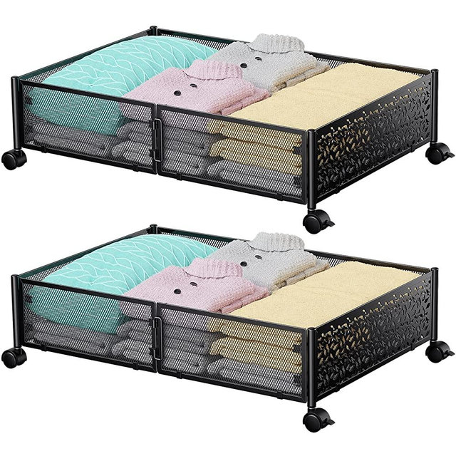 PHINOX Under Bed Storage, Under The Bed Storage, Under Bed Shoe Storage, Under Bed Storage with Wheels, Rolling Black Wire Underbed Cart for Clothes, Linen, Blanket, Sweater, Duvet, 2 Pack