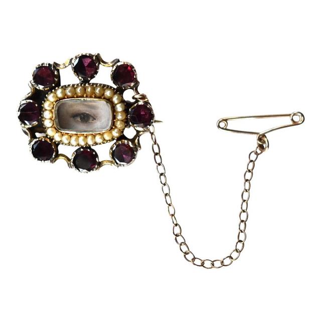 Antique Georgian Garnet and Seed Pearl Brooch With Contemporary Lover's Eye Painting by S. Carson