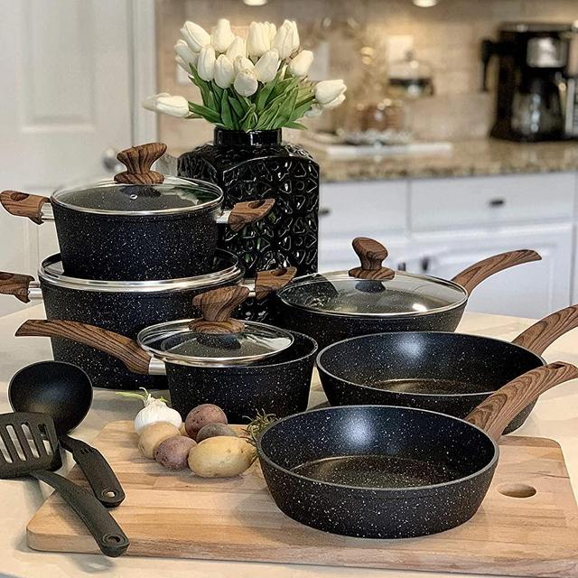Induction Kitchen Cookware Sets Nonstick - Granite Hammered Pan Set 12 Piece, Dishwasher Safe Cooking Pots and Pans Set