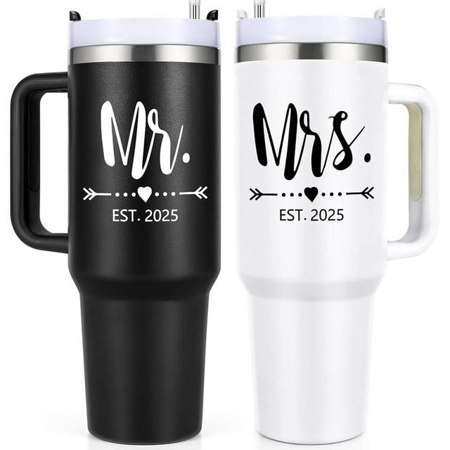 Qtencas Mr and Mrs Gifts, Mr and Mrs EST 2025 Stainless Steel Travel Tumblers Set, Engagement Wedding Gifts, 40 oz 2025 Travel Mug for Couples Newlyweds, Bridal Shower Anniversary Cups（Black & White）