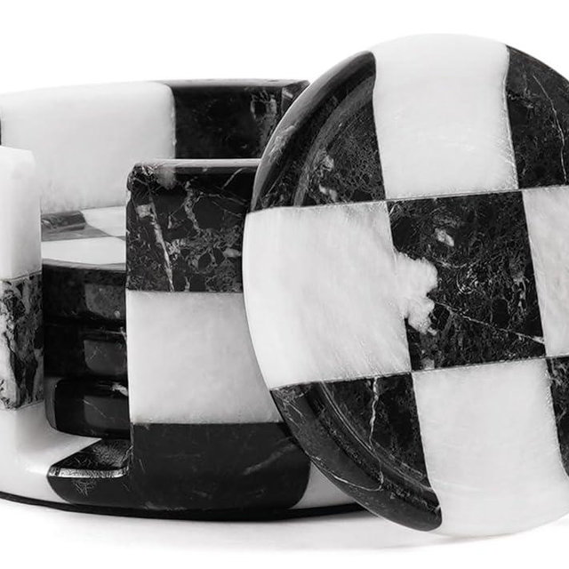 EarthenTones Marble Coasters Set of 4 with Holder, 4" Round Checker Design Zebra Black & White Handmade Stone Drink Coasters, Elegant Marble Décor for Table, Durable Kitchen & Home Accessories
