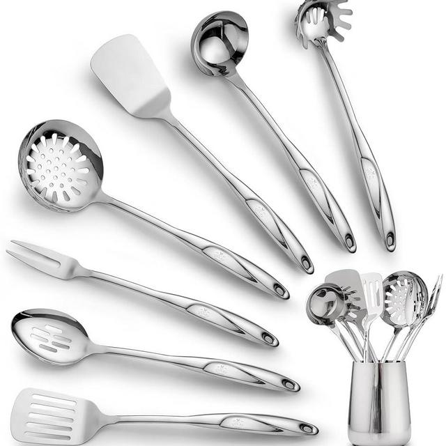 Zulay Kitchen Stainless Steel Cooking Utensil - Stainless Steel Kitchen Utensil - Durable Kitchen Gadgets - Metal Kitchen Accessories - Easy to Clean Kitchen Tools - 8 Piece Set