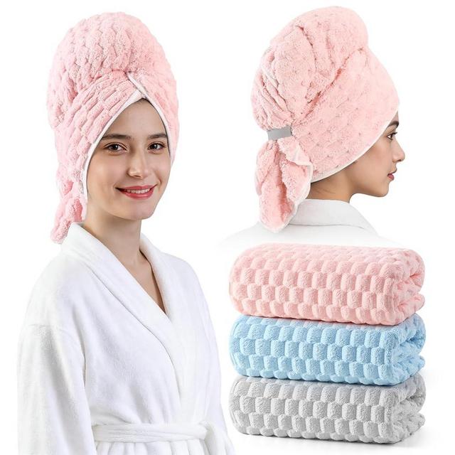REDKISS 3 Pack Microfiber Hair Towels - Extra Large Hair Towel Wrap for Women, 24x42 inch Hair Towels with Elastic Strap, Super Soft Hair Drying Towels for Long, Thick, Curly Anti Frizz Turbans