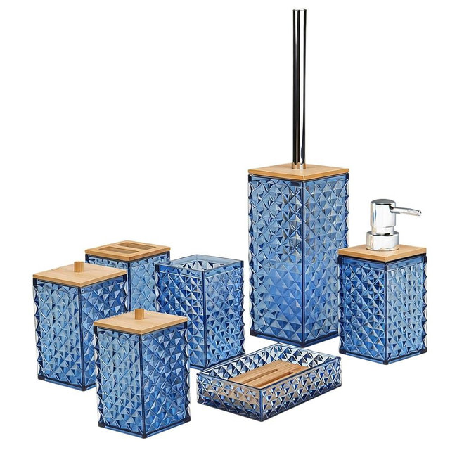Bathroom Accessory Set,7 Pcs Blue Bathroom Set Include Soap Dispenser, Qtip Holder Dispenser, Soap Dish,Toilet Brush,Toothbrush Holder & Mouthwash Cup.Boho Bathroom Set