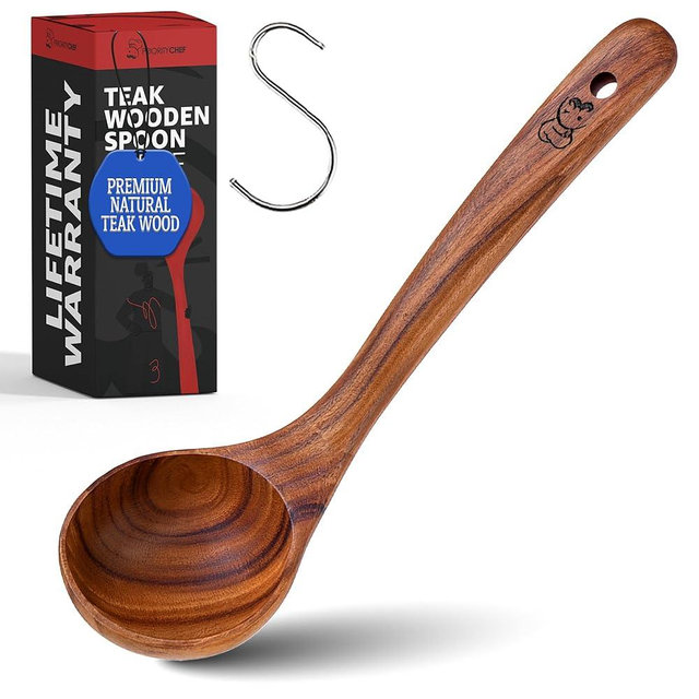 PriorityChef Premium Wooden Ladle for Soup - Handcrafted Teak Wooden Soup Spoon with Long Handle for Cooking and Serving - Deep Wood Ladel for Kitchen Use - Nonstick Safe Wood Ladle