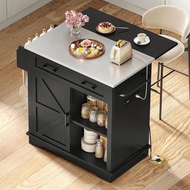 YITAHOME Stainless Steel Kitchen Island with Drop Leaf, 42 Inch Mobile Storage Islands with Power Outlet, Rolling Kitchen Island on Wheels, Metal Butcher Block Carts with Spice Rack Towel Bar, Black