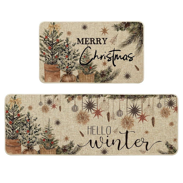 Artoid Mode Holly Ornament Merry Christmas Kitchen Mats Set of 2, Winter Home Decor Low-Profile Kitchen Rugs for Floor - 17x29 and 17x47 Inch