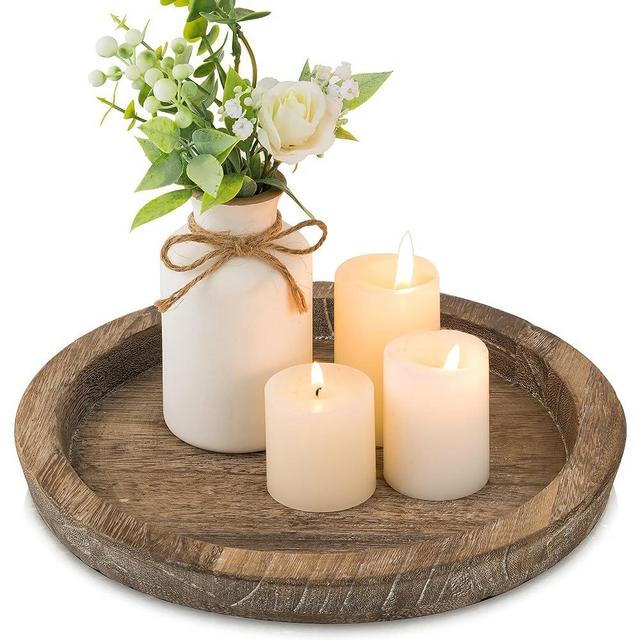 Hanobe Candle Plate Holder Tray: Round Wooden Decorative Candle Plate Small Farmhouse Table Centerpiece Rustic Wood Tealight Pillar Trays for Christmas Wedding Halloween Home Decor