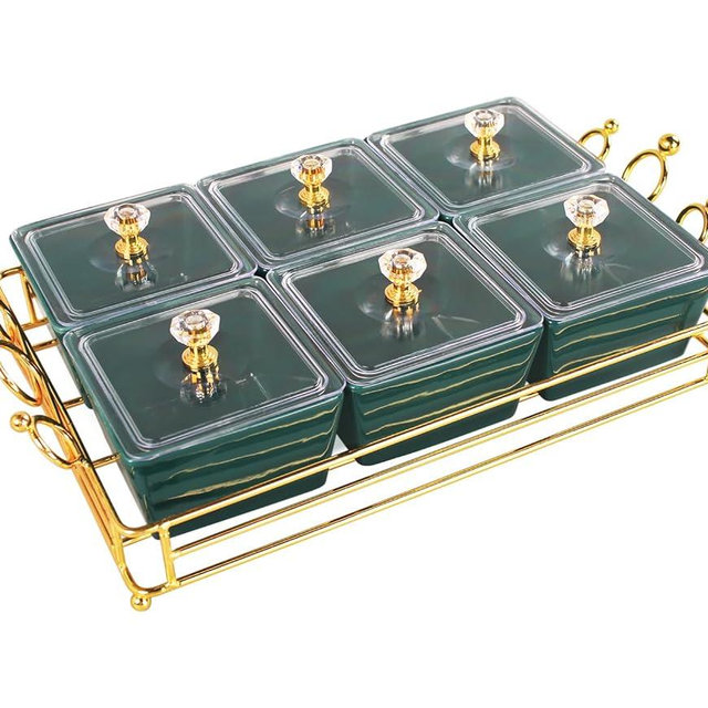 YA JU Ceramic Bowls and with Lid Gold Basket Trays, 6 Removable Small Bowls Condiment Trays Nut Serving Set for Snacks, Fruits, Candy and Condiments - Great for Parties, Holiday Gifts, Green