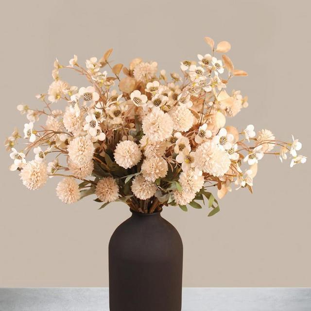 Bulk Silk Flower Arrangements For Home Decor, Fake Mums, Long Stem Artificial Flowers, Real Touch Flowers, Floral Centerpieces For Tables, Kiku + Eucalyptus + Wild Flowers Artificial, Beige Room Decor