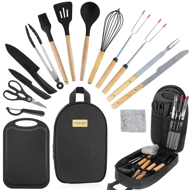 Camkinger Camping Accessories Kitchen Cooking Utensils Set - Portable Outdoor Camp Cookware Set, Silicone Camper Essentials Gear Must Have Supplies for Travel RV BBQ Grill Picnic Hiking
