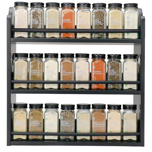 Thalomely 3 Tier Bamboo Spice Rack, Spice Rack Organizer, Seasoning Jars Rack Shelf Spice Organizer for Kitchen Counter or Wall Mounting, Spice Storage Holder with handles, Jars Not Included,Black