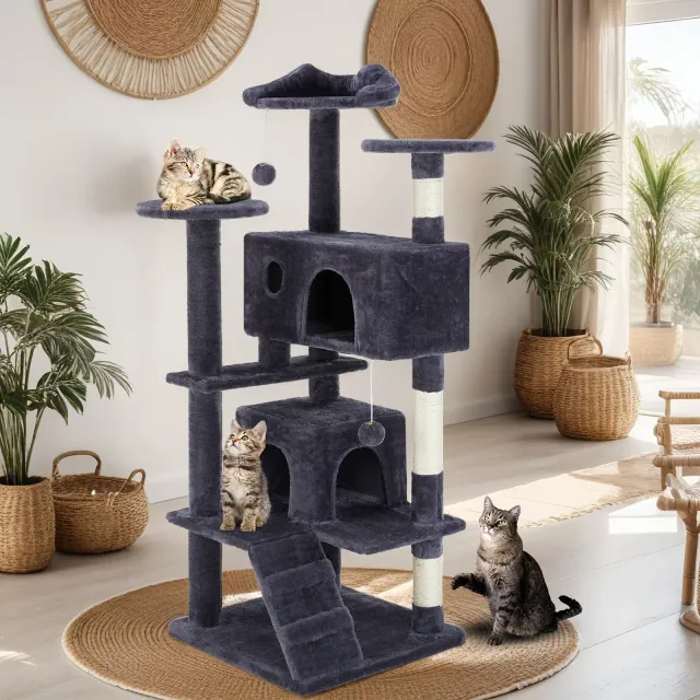 Bestier 54-Inch Multi-Level Cat Tree with Scratching Posts and Dangling Jingle Ball, Plush Cat Climbing Tower for Indoor Cats, Dark Blue