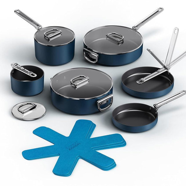 Joseph Joseph Space 10 Piece Nonstick Pots and Pans Set with Lids, Nesting Cookware, Ceramic Coating, Induction & Oven Safe