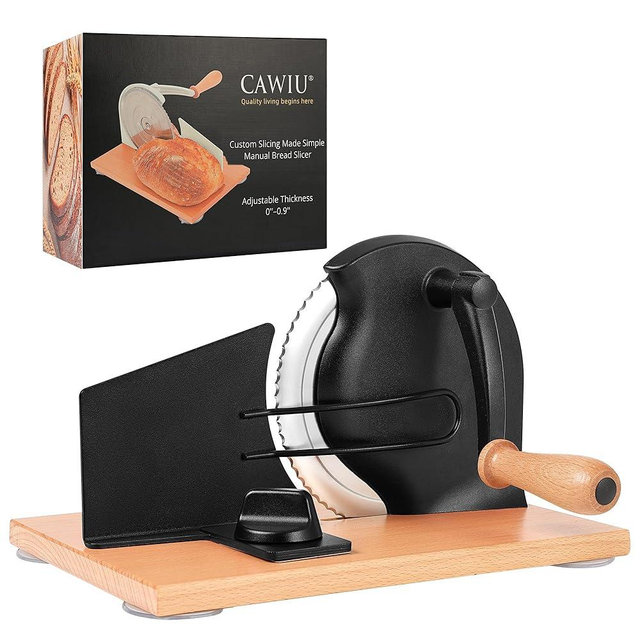 CAWIU Upgraded Manual Bread Slicer for Homemade Sourdough, Adjustable Thickness Hand Crank Bread Cutter with Stainless Steel Blade, Slicing Guide, Suction Cups & Protective Cover (Black)