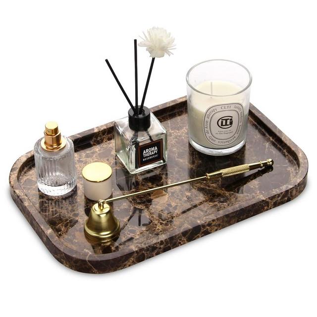 Marble Bathroom Vanity Tray, Natural Marble Home Kitchen Table Tray, Stone Decorative Countertop Serving Organizer for Dresser Coffee Perfume Jewelry Makeup (1, Dark Brown L, 12 * 8 * 0.8)