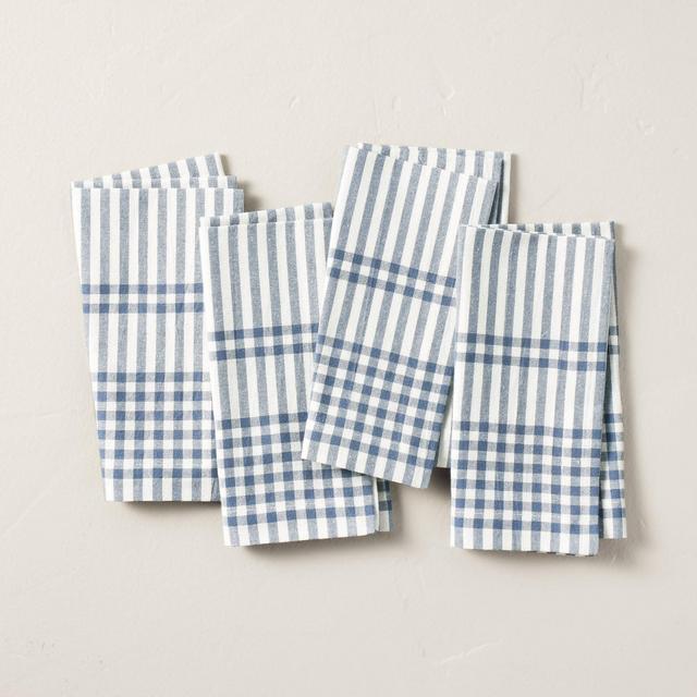 4pk Engineered Gingham Woven Napkin Set Blue/Cream - Hearth & Hand™ with Magnolia