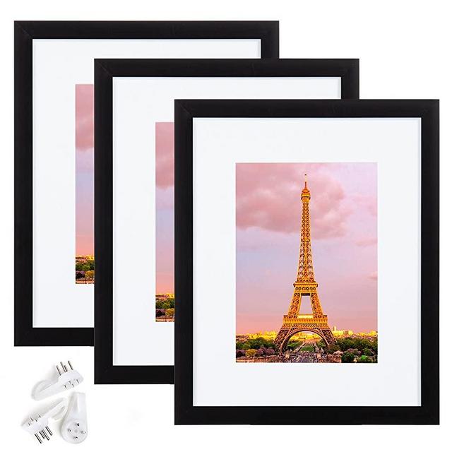 upsimples 8x10 Picture Frame Set of 3,Made of High Definition Glass for 5x7 with Mat or 8x10 Without Mat,Wall Mounting Photo Frame Black