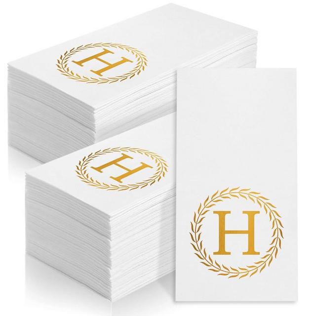 100 Gold Monogram Disposable Napkins - Letter H Hand Towels Decorative, Dinner Napkins for Guest, Monogrammed Hand Towels for Bathroom Wedding Birthday Party Baby Shower