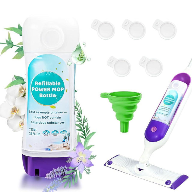 PowerMop Refillable Bottle for Swiffer PowerMop Mop,24 FL.OZ Leak-Proof Reusable Floor Cleaner Container Bottle for Multiple Floor Cleaning Solutions,with 1 Funnel and 5 Replacement Soft Stoppers