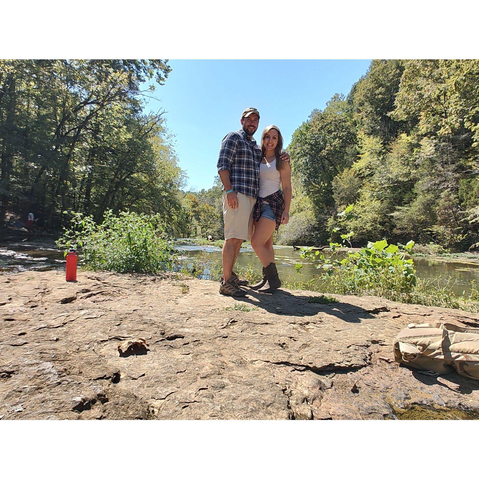 Taking pictures following our engagement on Burgess Falls trail in Tennesse
