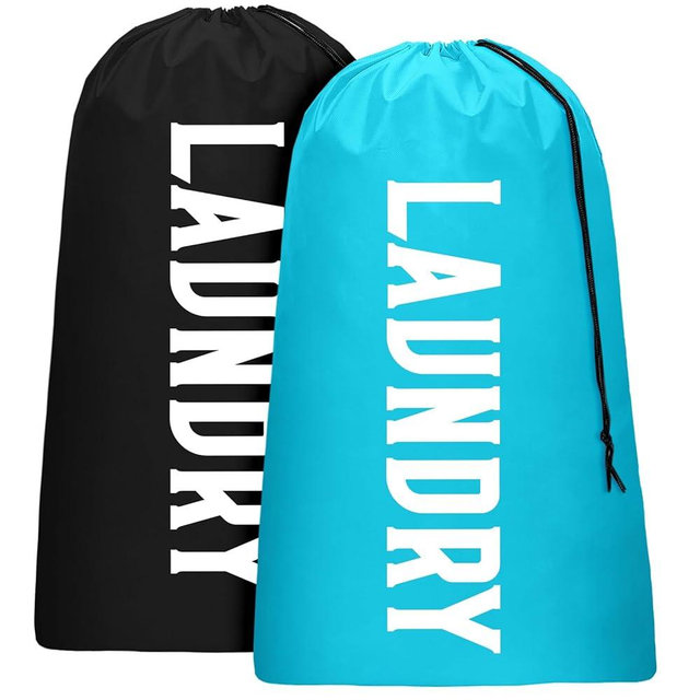 Fiodrmy 2 Pack XL Travel Laundry Bag, Machine Washable Dirty Clothes Organizer, Large Enough to Hold 4 Loads of Laundry, Easy Fit a Laundry Hamper or Basket (Blue + Black, 24" x 36")