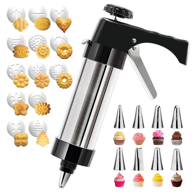 Cookie Press Gun Kit, Stainless Steel Spritz Cookie Press with 13 Discs & 8 Icing Piping Tips, Baking Cookie Maker, Icing Decorating Gun for Cookies Cakes Pastry Dessert Baking Decoration