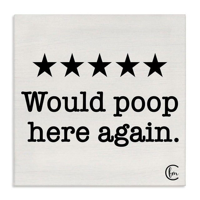 Stupell Industries Bathroom Rating Five Starts Would Poop Here Again Black and White Sign Canvas Wall Art, 17x17, Beige