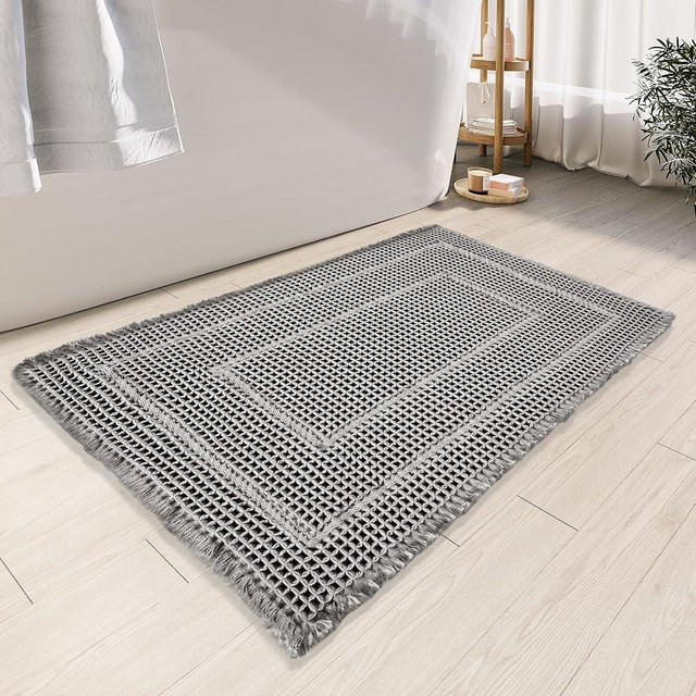 BULULOM Bathroom Floor Mat,Boho Bath Mat,Super Absorbent Bath Mat,Bathroom Rugs Non Slip Washable, Quick Dry Shower Mats, Ultra Soft Bath Mat Towel,Grey,18"*30"