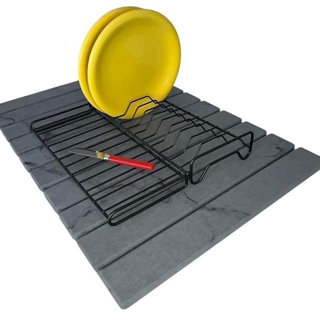 Stone Drying Mat + Foldable Black Metal Dish Rack – Complete 2-Tier Kitchen Drying System – Ultra Absorbent Dark Gray Mat for Plates, Glasses & Cutlery – Modern & Hygienic Counter Organizer - 24"x16"