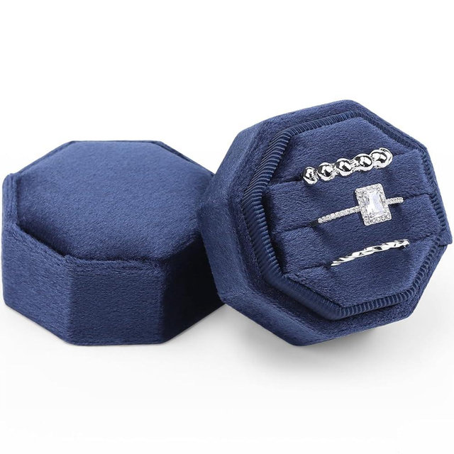 WantGor Velvet Ring Box, 3 Slots Jewelry Ring Gift Box Vintage Ring Display Holder Case for Wedding Ceremony Proposal Engagement (Navy Blue)