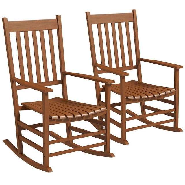 Outsunny Outdoor Rocking Chair Set of 2, Patio Wooden Rocking Chair with Smooth Armrests, High Back for Garden, Balcony, Porch, Supports Up to 352 lbs., Teak