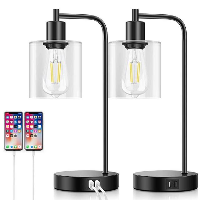 Set of 2 Industrial Touch Control Table Lamps with 2 USB Ports and AC Power Outlet, 3-Way Dimmable Bedside Nightstand Reading Lamps with Glass Shade for Bedroom Office 5000K LED Bulbs Included