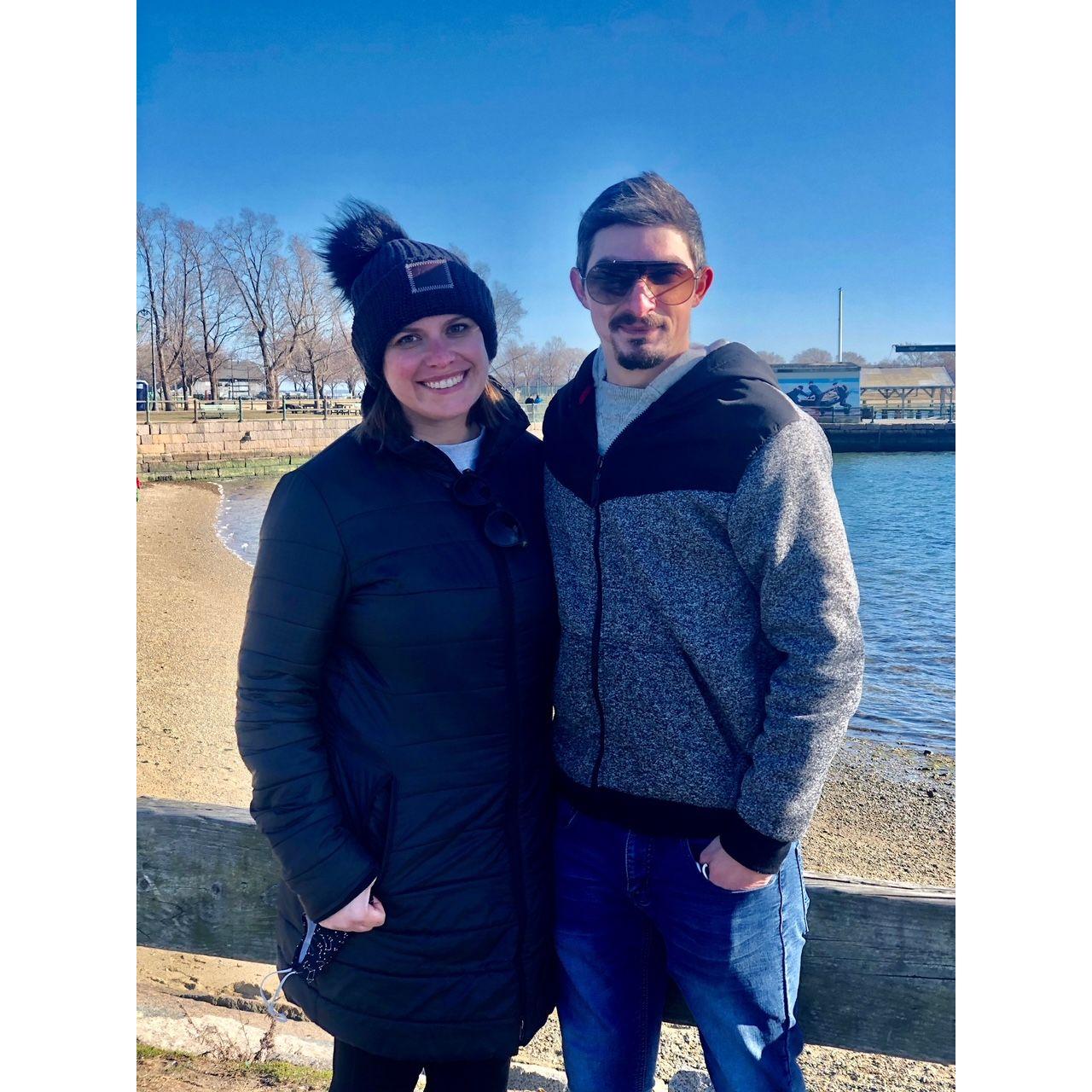 Our first pic back in our first date spot: Castle Island!