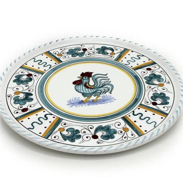 ORVIETO GREEN ROOSTER: Deruta Pizza Plate - Cake or Cheese Platter.