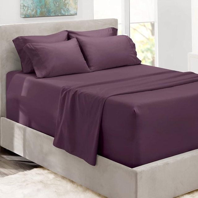 Hearth & Harbor Extra Deep Pocket King Size Sheets Sets - Fits Mattress 18-24 Inches Deep - Extra Deep Pocket Sheets - 6 Piece King Size Sheets - King Sheets Deep Pocket - Eggplant Sheets