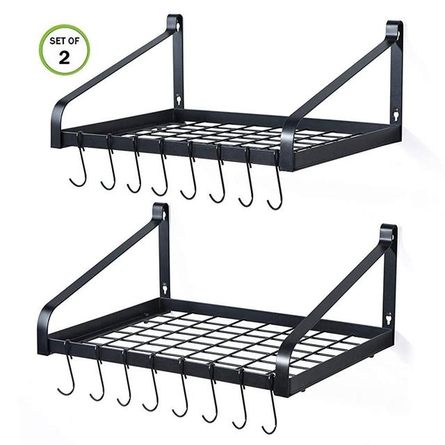 Love-KANKEI Pot Rack Wall Mounted Set of 2 Pan Pot Organizer Wall Shelves with 16 Hooks for Kitchen Cookware Utensils Organization Black