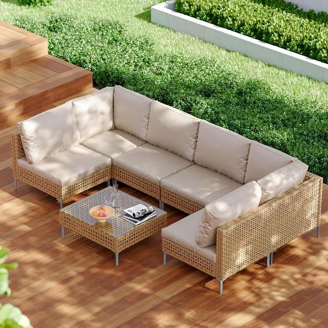 Grand patio 7-Piece Wicker Patio Furniture Set, Outdoor Sectional Conversion Sofa Couch Set with Beige Cushions Thickened Water Resistant Cushions and Glass Table for Lawn, Garden, Backyard