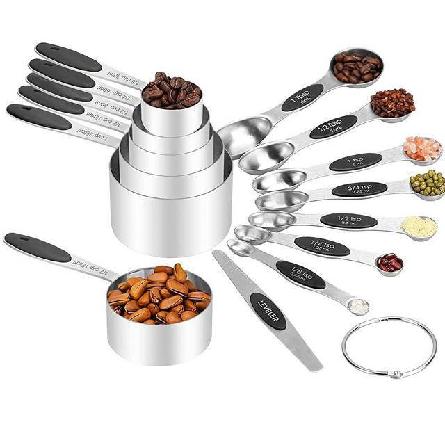 Measuring Cups and Spoons Set, 13-Piece Stainless Steel Measuring Cup and Magnetic Measuring Spoon Set, Stackable Kitchen Tools and Used for Dry Liquid Ingredients (Black)