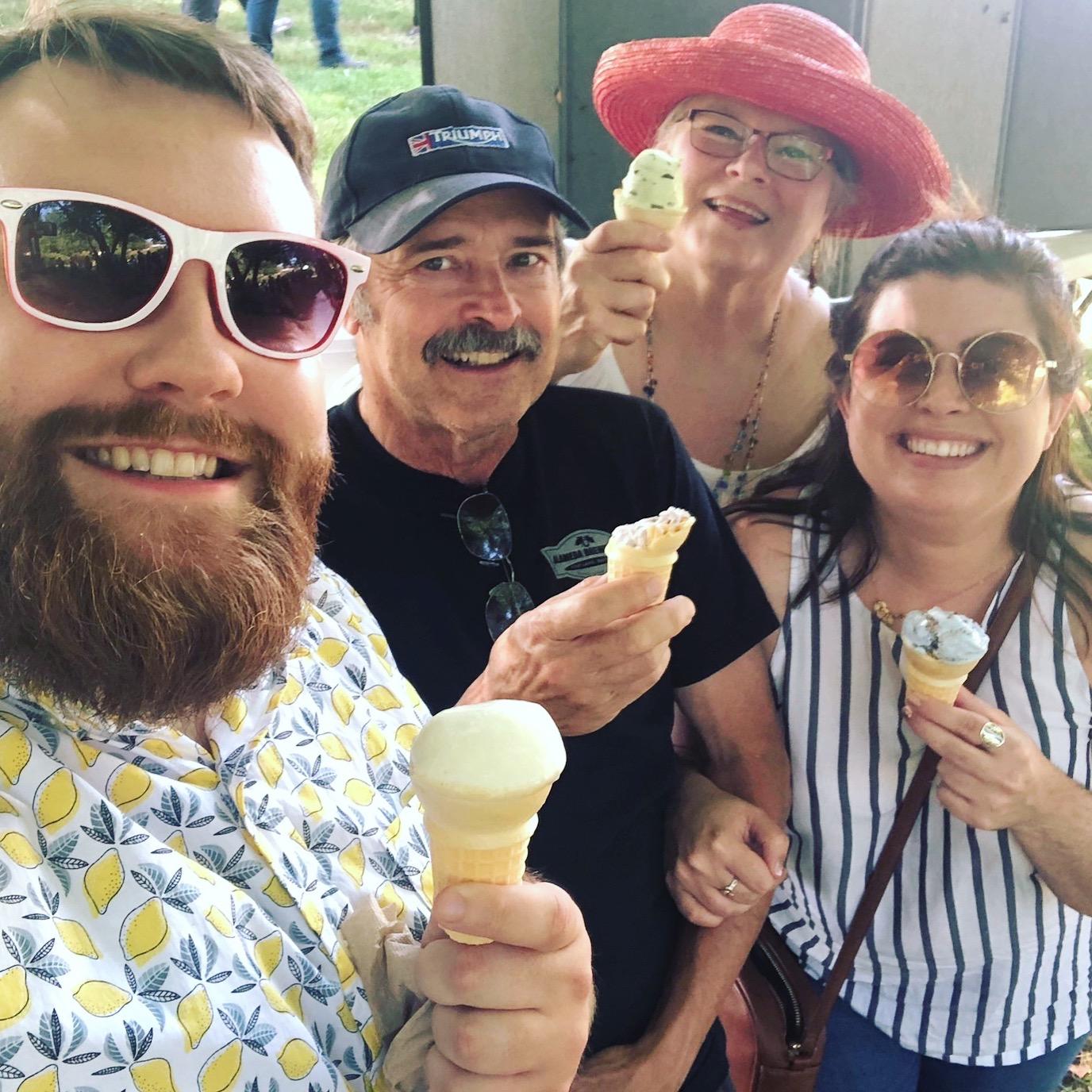 Eating ice cream with James' mom Patty and dad David!