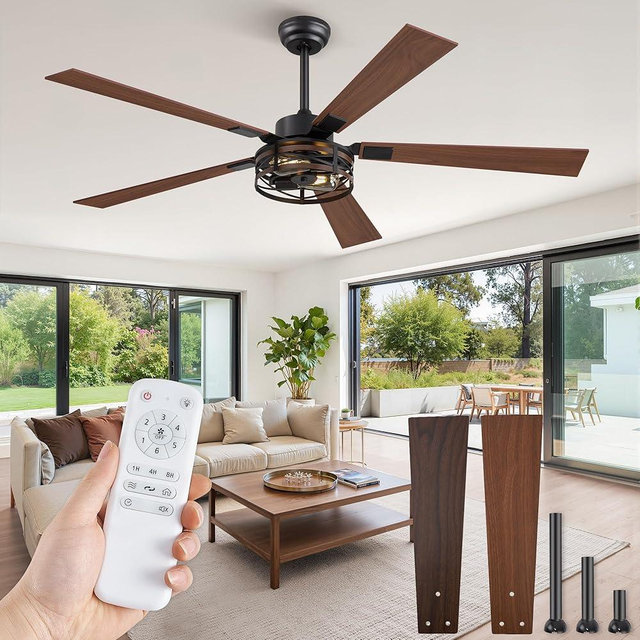 Farmhouse Ceiling Fans with Light, 60 Inch Bedroom Ceiling Fan with Lights, 6-Speed Adjustable, Quiet and Reversible DC Motor, Dual Finish 5 Blades, Rustic Caged Black Ceiling Fan for Living Room