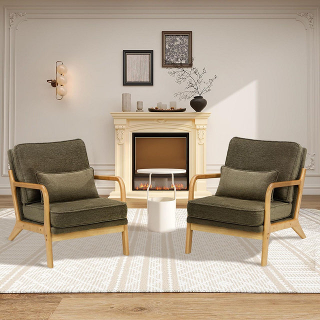 Ora Maison Set of 2 Green Modern Accent Chairs with Lumbar Pillows and Solid Wood Legs, Stylish Upholstered Armchairs for Living Room or Office
