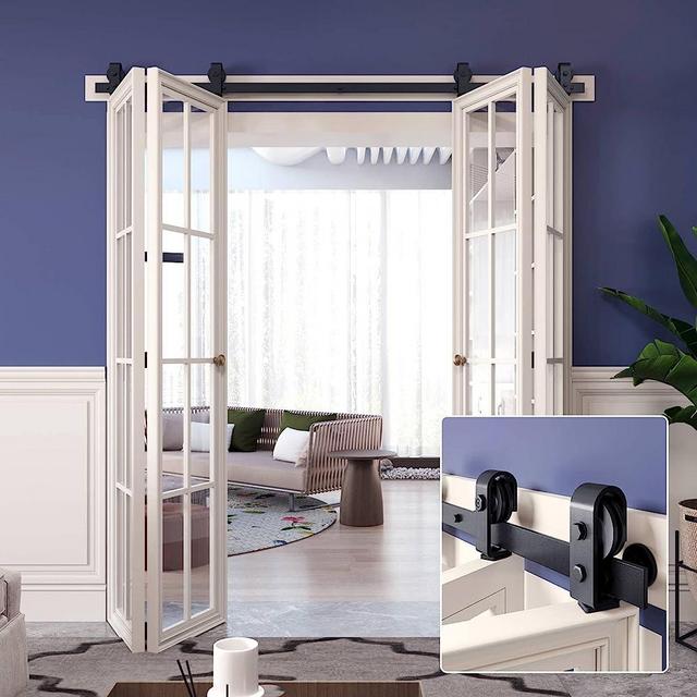 FINOSEN 76'' Bi-Folding Sliding Barn Door Hardware Track Kit for Four 18'' Doors,Top Mount Installation,Heavy Duty Roller,Smoothly and Quietly,Black(Door Not Included)