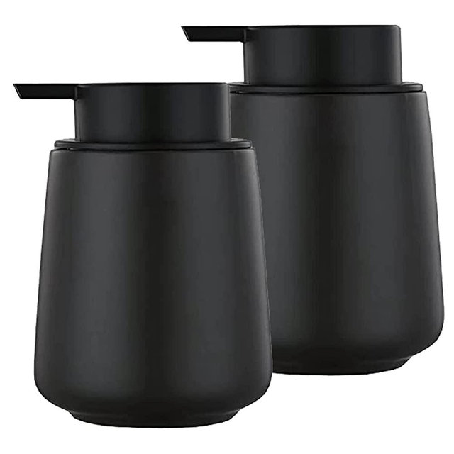 12Oz Black Soap Dispenser - Ceramic Lotion Hand Soap Dispenser Set with Easy-to-Press Pump, Refillable Liquid Hand Soap Dispenser for Bathroom, Dish Soap Dispenser for Kitchen, 2 Pack