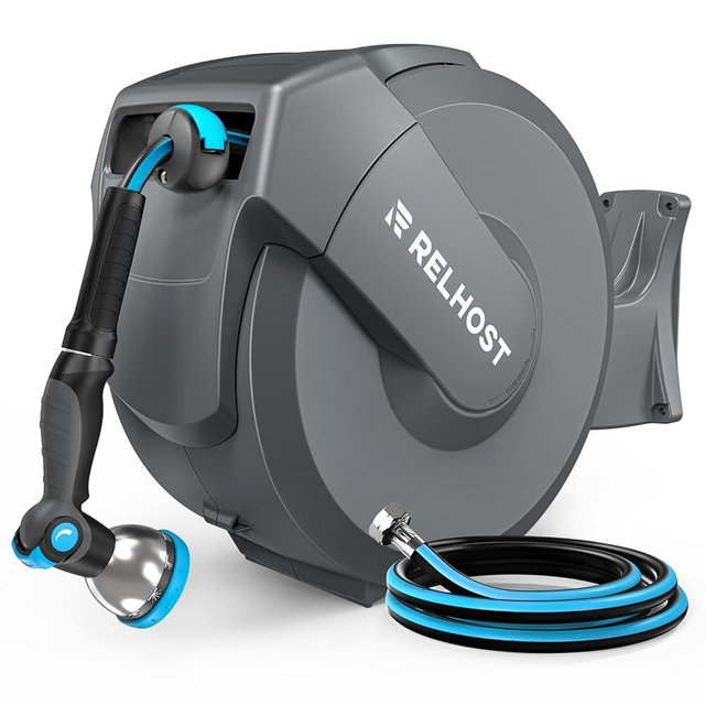 Relhost Retractable Garden Hose Reel 120 ft x 1/2 in, Heavy Duty Hose Reel Wall Mount with Any Length Lock, Slow Return System, 180° Swivel Bracket, 10-Pattern Garden Hose Nozzle, Dark Grey
