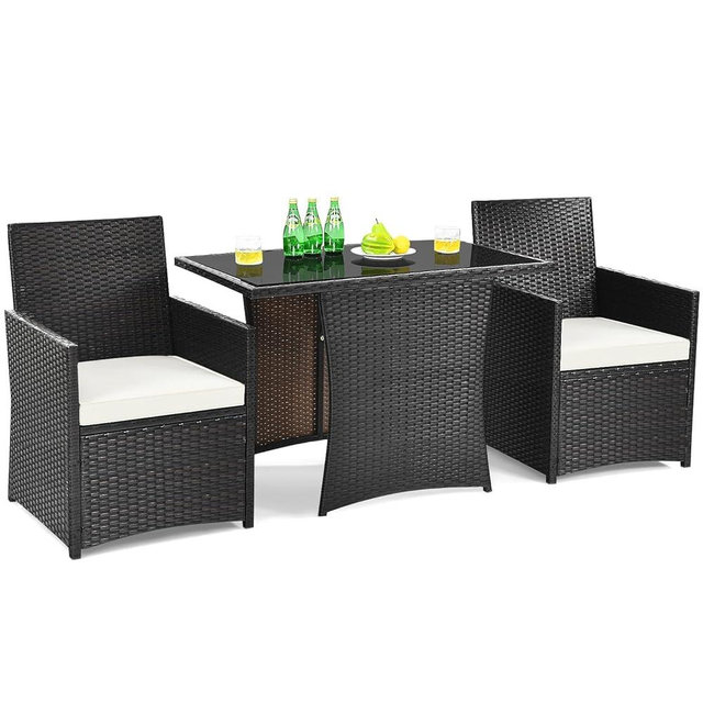 DORTALA Wicker Patio Bistro Set 3 Piece, Outdoor Table and Chairs with Tempered Glass Tabletop, Cushions, Small Rattan Furniture Conversation Sofa Set for Balcony, Porch, Backyard, Deck, White