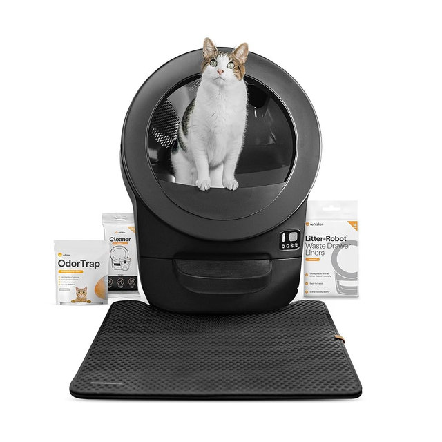 Litter-Robot EVO Bundle by Whisker, Black - Automatic Self-Cleaning Cat Litter Box, Compact Space-Saving Design, Advanced Odor Control, Includes Robot, Mat, and Supply Kit (Black)