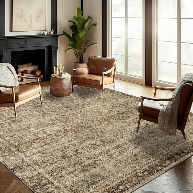 CHAMPLANT Area Rug 9x12 Washable Brown Vintage Traditional Mat Distressed Indoor Foldable Thin Retro Accent Floral Non Slip Carpet for Living Room Dining Room Office