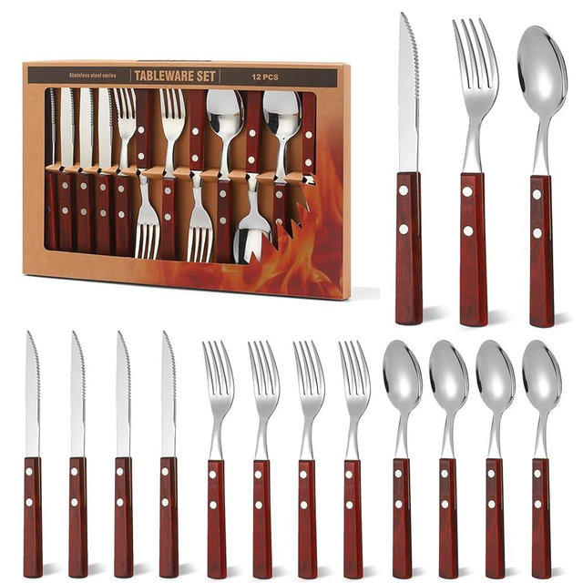 Today's Present Forks and Spoons Silverware Set, 12 Piece Wooden Handle Silverware Set for 4, Wooden Cutlery Stainless Steel Flatware Set with Wood Handle Gift Box Set for Home Kitchen Camping Travel
