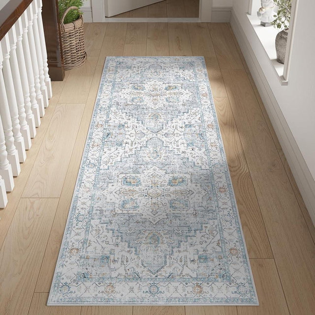jinchan Runner Rug 2x6, Bohemian Hallway Rug Kitchen Rug Washable Rug Floral Runner Non Slip with Rubber Backing Thin Vintage Carpet Runner for Bedroom Bathroom Laundry Room Living Room Grey